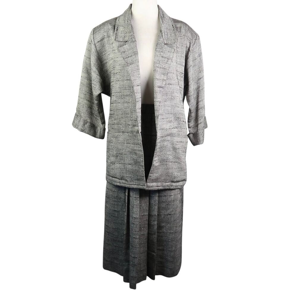 Vintage 80s Claude Grey Woven Tweed Blazer and Skirt Suit Set